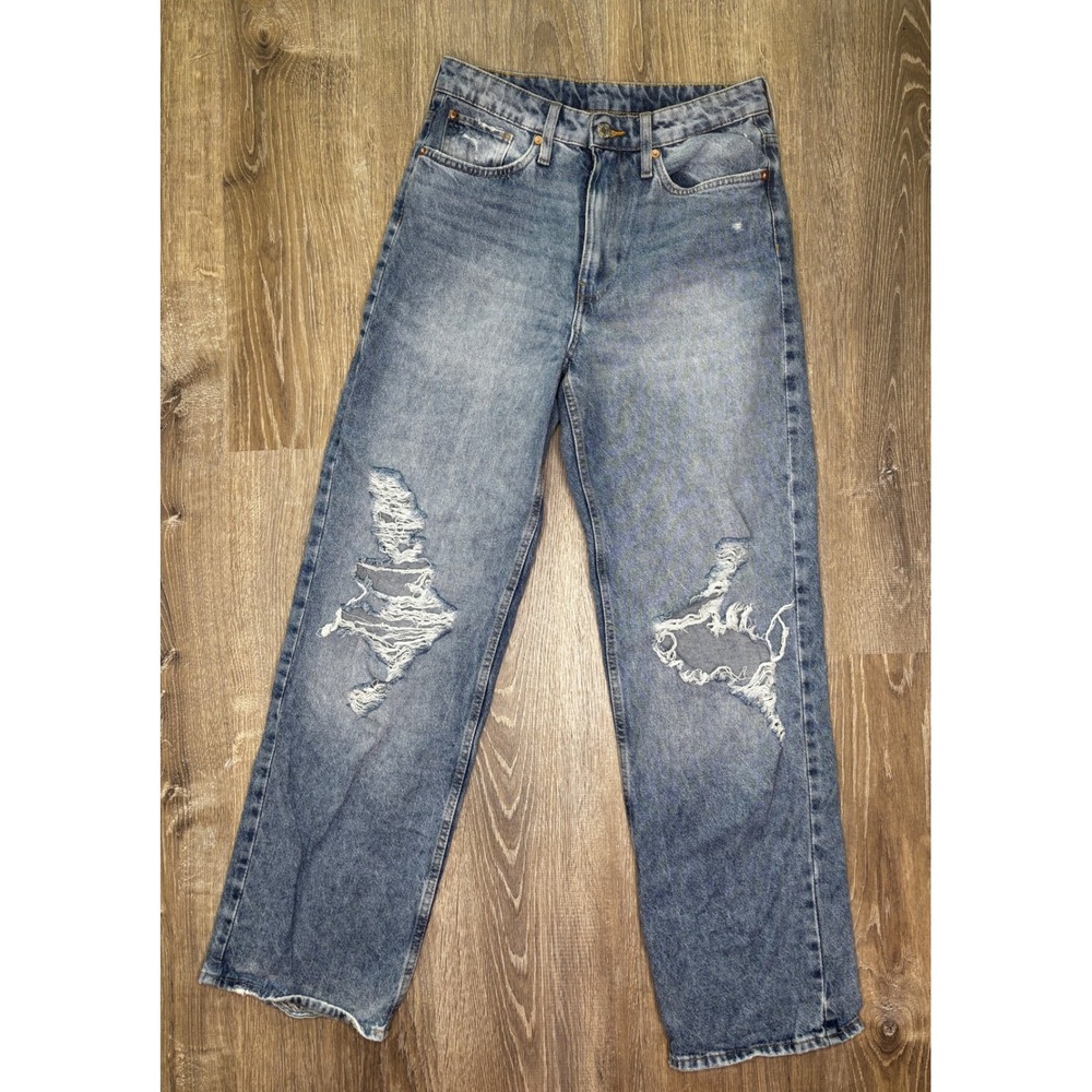 &Denim Women's Loose Straight‎ High Waist Distressed Jeans Blue Size 6 8